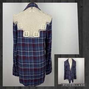 Vanity Purple Plaid Flannel Open Front Shirt Cardigan Womens M Lace Boho Western